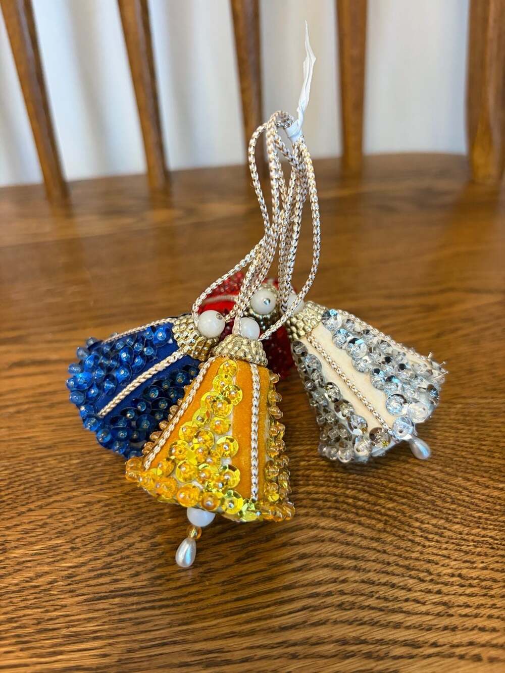 Vintage Sequin Push Pin Bell Christmas Ornaments Set of 4